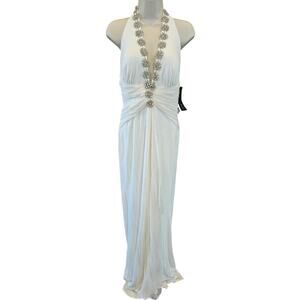 NWT Nicole Bakti wedding dress stretch halter silk chiffon L beaded v neck long
